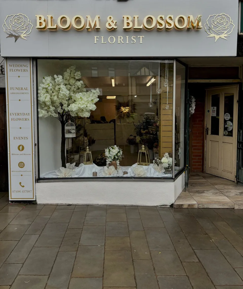 The Bloom & Blossom shop front with gold lettering on Poulton Street, Kirkham